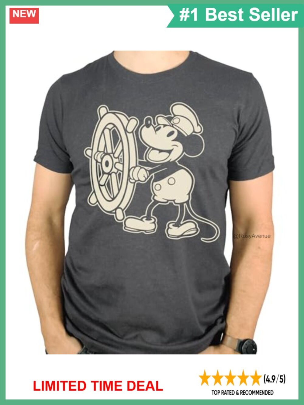 SCOBAR Steamboat Willie Cartoon T-Shirt Crew Neck Short Sleeve Tee